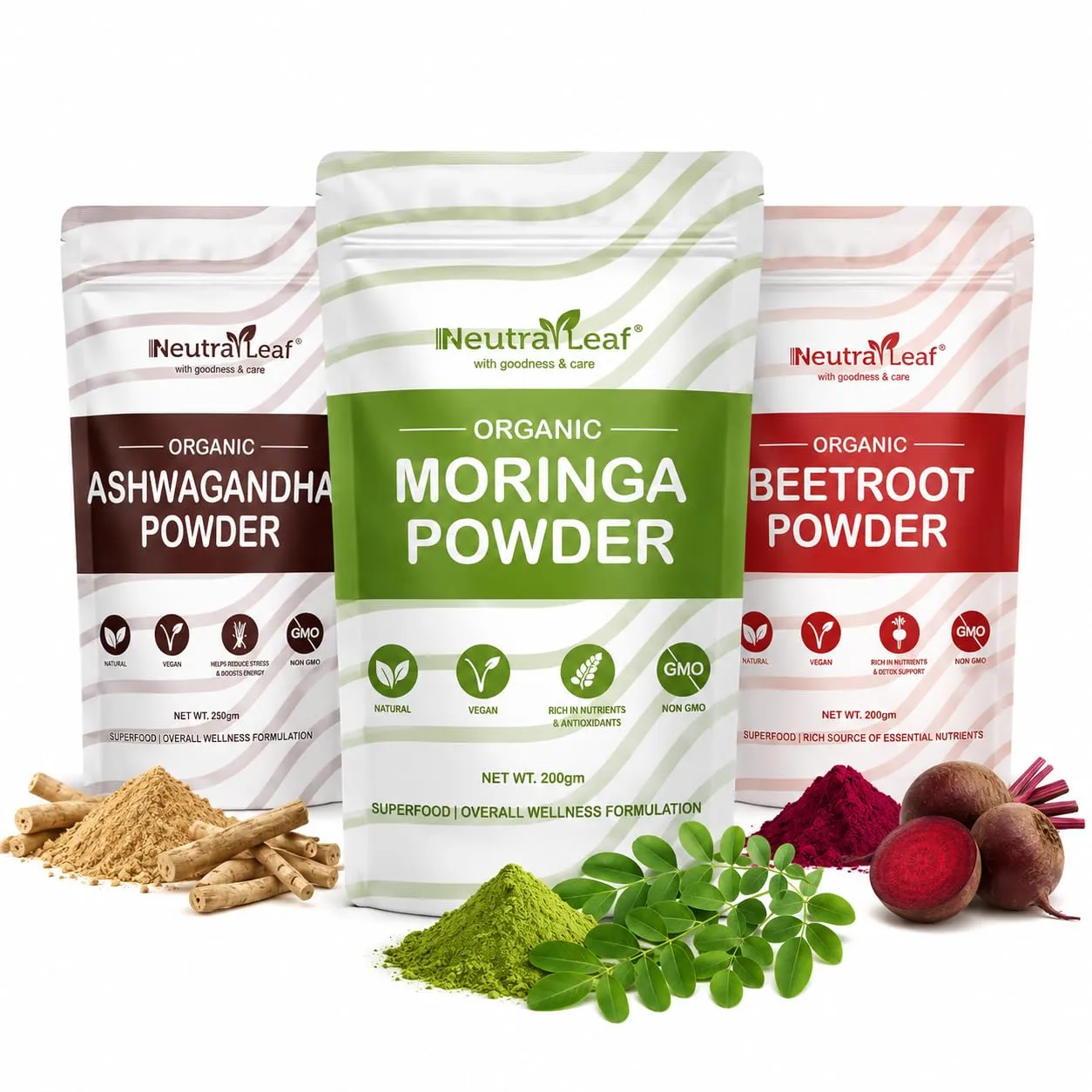 Trio Organic Superfood 600g Powder Combo Ashwagandha, Beetroot & Moringa (200g Each)
